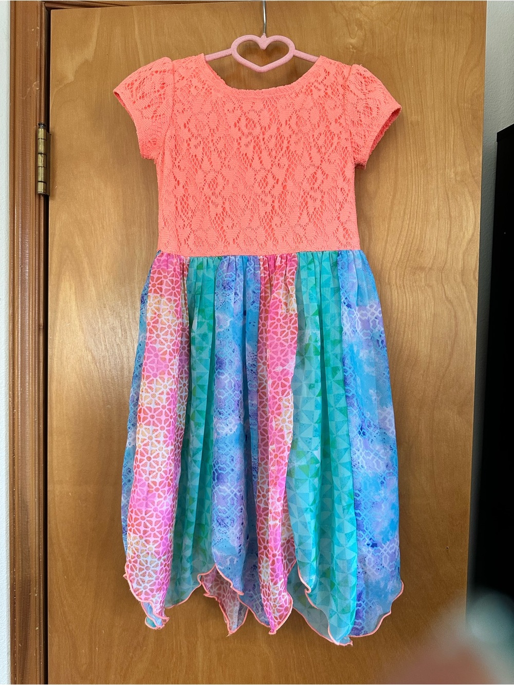 Youngland Coral Lace Top with Multicolor Pastel Handkerchief Hem Dress